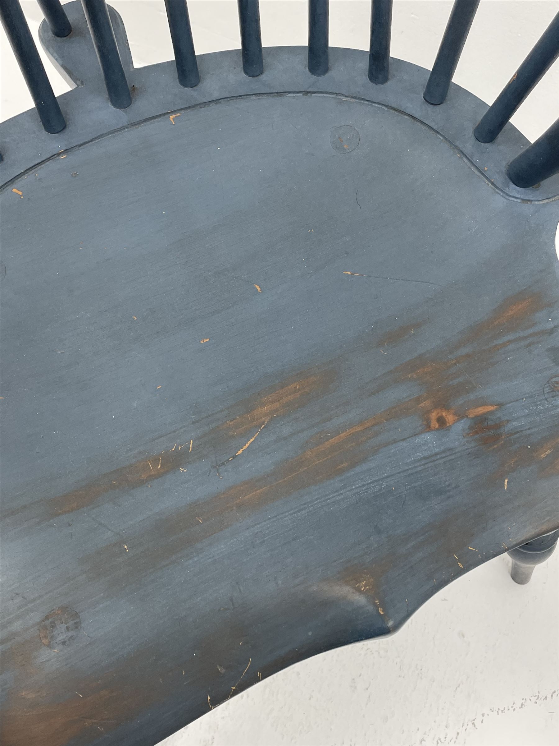 D.R. Dimes Furniture - set six American Windsor dining chairs, hoop and stick back on dished saddle seats, turned supports jointed by H stretchers, stamped underneath 'D.R.Dimes', two carvers and four side chairs
