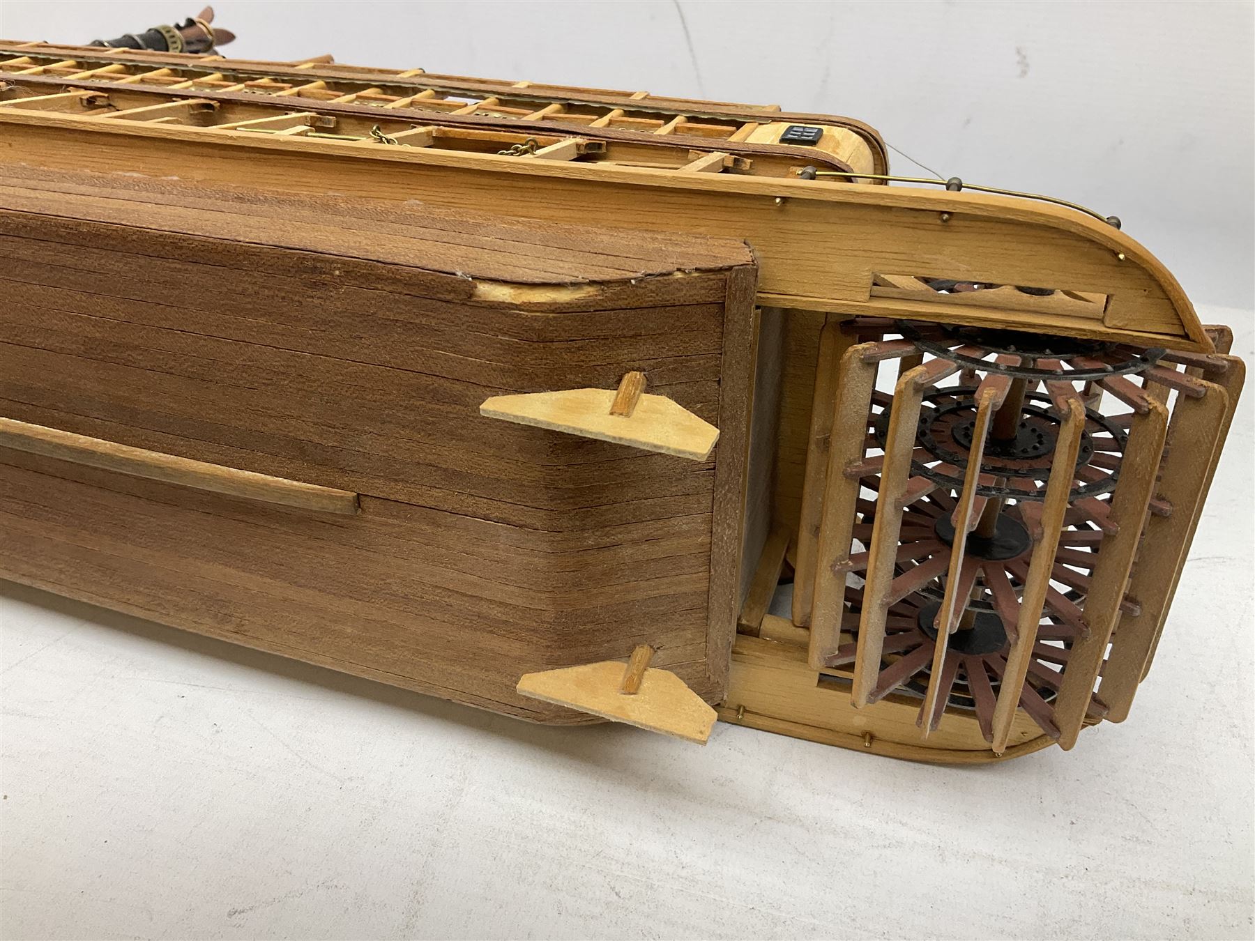 Hand built model of a river paddle steamer 'King of the Mississippi' and a sailing ship with three masts and unfurled sails, largest example H80cm, L101cm