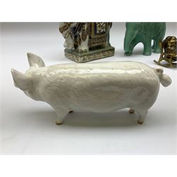 Beswick pig CH Wall CH Boy 53 figure, Priory Castings model of a seated pig, majolica ashtray in the form of an Indian elephant, elephant figure in green glaze and brass figures of pigs, Beswick pig L16cm
