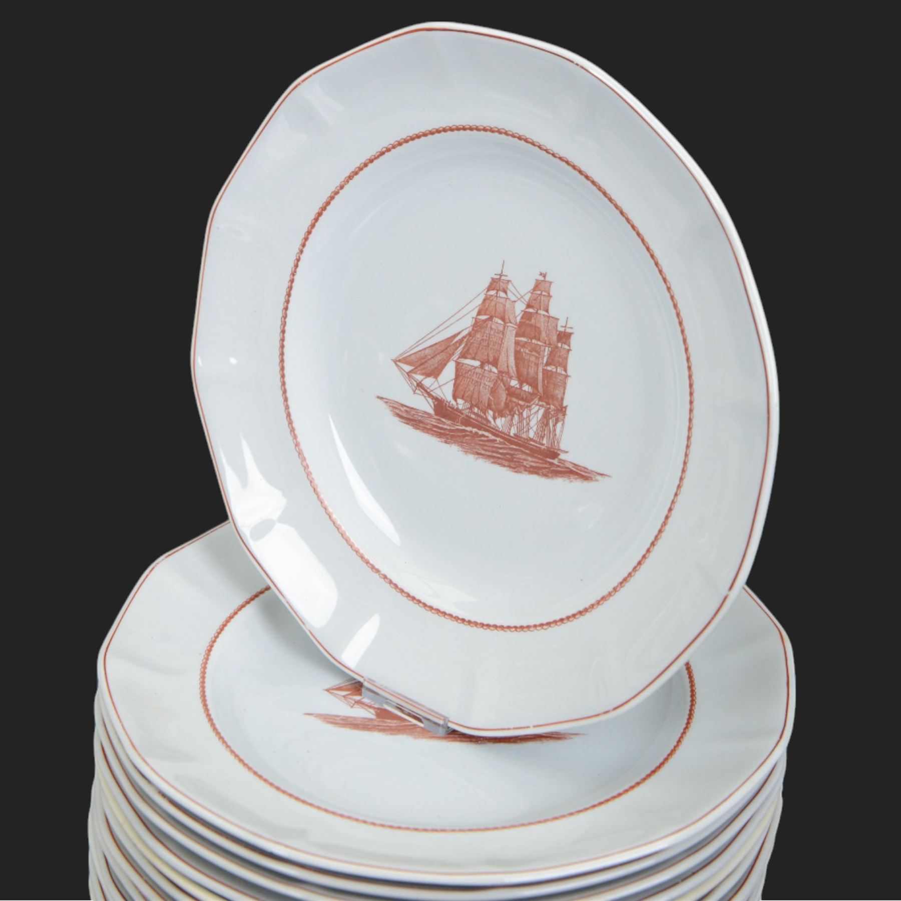 Wedgwood Flying Cloud Georgetown collection tea and dinner wares, including tureen, seven teacups, ten saucers, twelve side plates, three small bowls, two platters, thirteen dinner plates, etc, all decorated with red clipper ship and with printed marks beneath