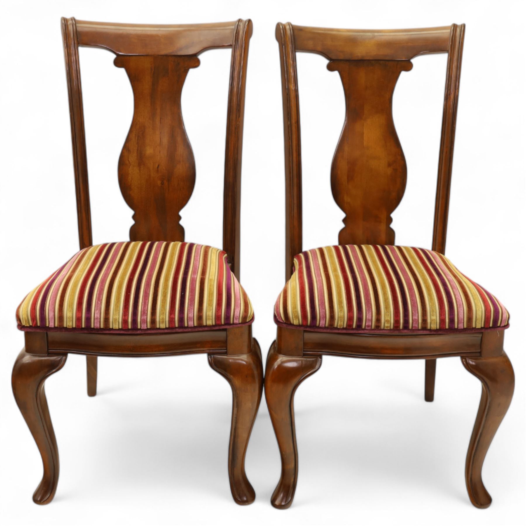 Willis & Gambier - mahogany extending dining table, rectangular top with rounded corners on cabriole legs, with two 35cm extension leaves, four Willis & Gambier upholstered high back chairs and four mahogany chairs, upholstered in a stripped multi-coloured velvet fabric, with scroll-shaped top rail, lyre-shaped back splat on cabriole legs, chairs W46xD91x97cm (11) 