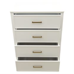 Dorel Home - Modern chest of drawer, white painted rectangular top above, four drawers with bronze metal handles, on tapered supports 
