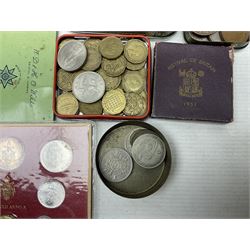 Coins including Great British commemorative crowns, part filled Whitman folder of florins, pre decimal coinage, commemorative silver medallion cover, small number of cap badges etc, in one box