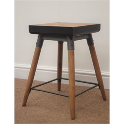  Square oak parquet top stool, rustic leather style edge banding, turned legs, metal stretchers, H48cm, W39cm, D39cm  