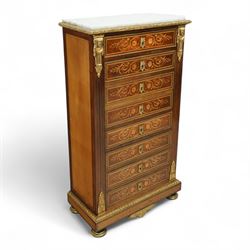 19th century French marquetry secrétaire à abattant in Louis XVI style, with rectangular marble top above a floral inlaid fall front enclosing fitted interior with arcaded pigeonholes, inlaid drawers and writing surface, gilt metal mounts and borders throughout, raised on cast ormolu feet