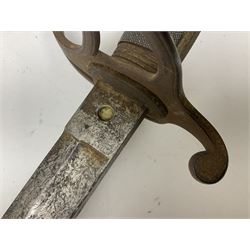 Victorian artillery officer's sword, the 90cm fullered steel blade by E. Thurkle Denmark Street Soho London decorated with Victoria cypher, Regimental crest and 'Royal Artillery', three-bar hilt with stepped pommel and wire-bound fish skin grip; in leather covered scabbard L107cm overall