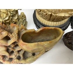 Collection of hardstone and soapstone, including hardstone seal carved temple dogs finial, inscription on base, together with inkwells, vases etc  