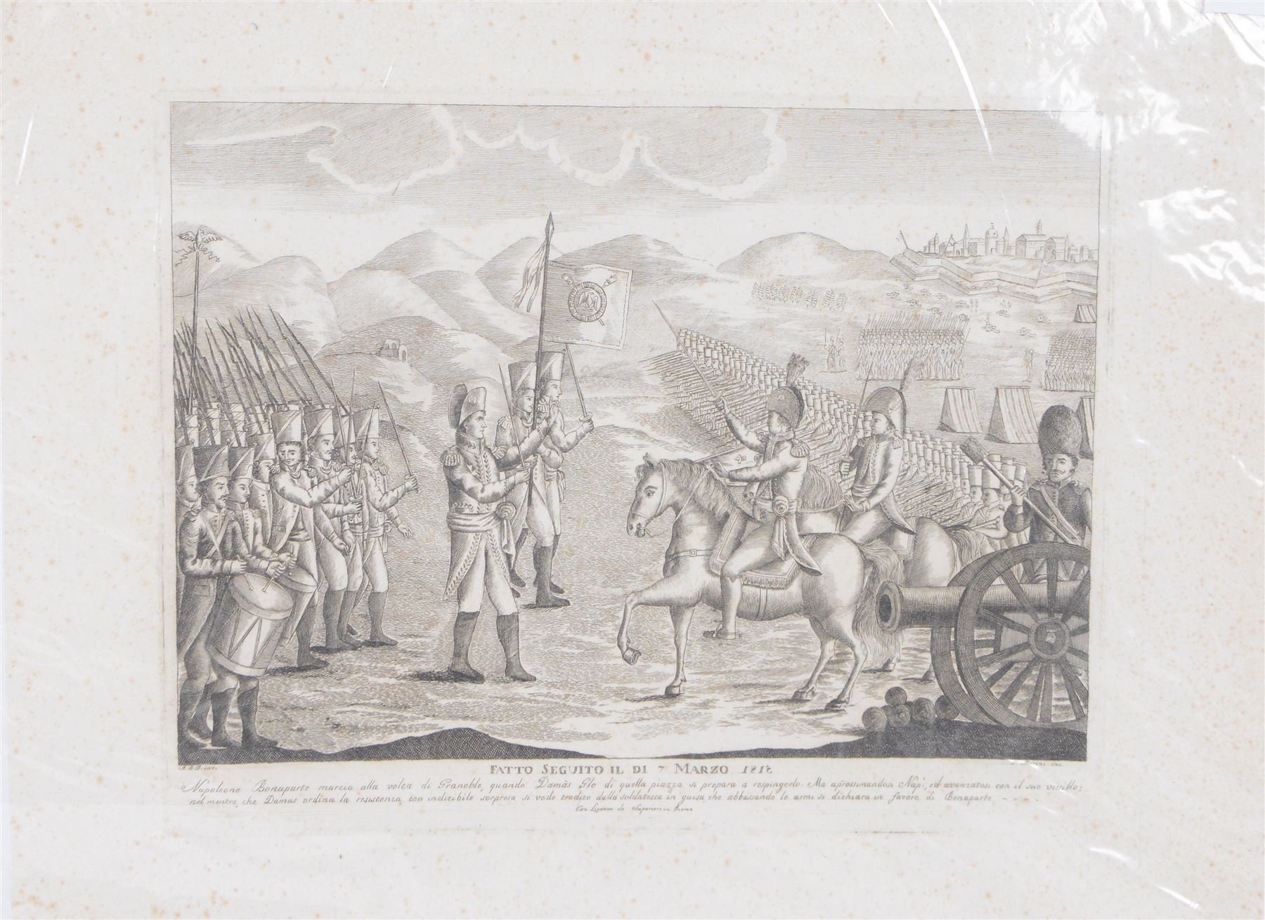 Two 19th Century engravings, depicting Napoleon meeting the Italian forces march, 1812  and Napoleon in Lyon, 1789, H40cm
