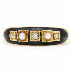Victorian 18ct gold diamond, pearl and enamel mourning ring, square set with three old cut...