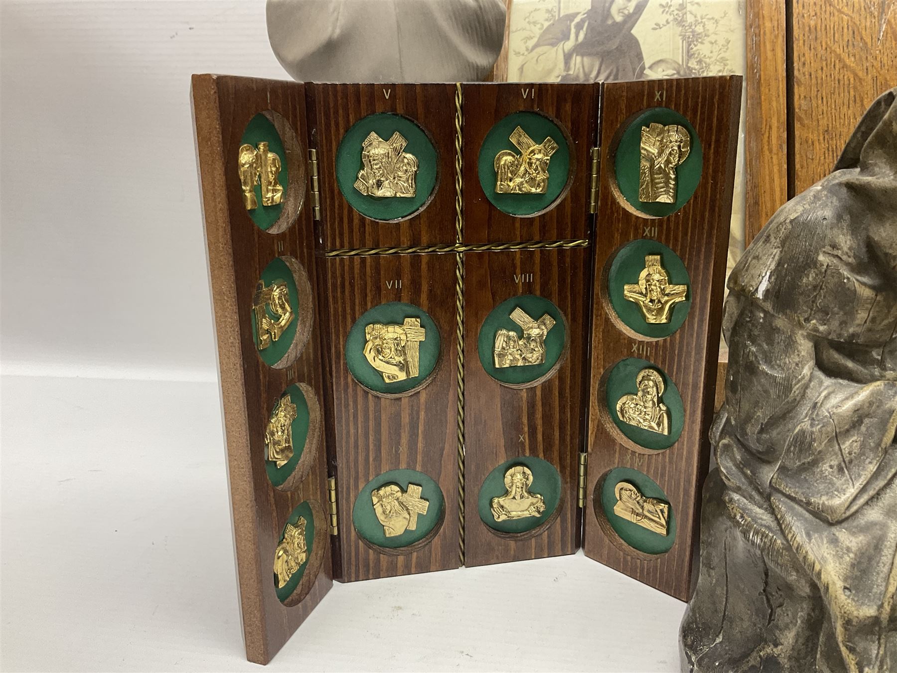 Franklin Mint House of Faberge 'The Nativity' ceramic egg, together with a Russian doll decorated with nativity scenes, Cinque Ports Pottery monk salt and pepper shaker and other monk figures, etc