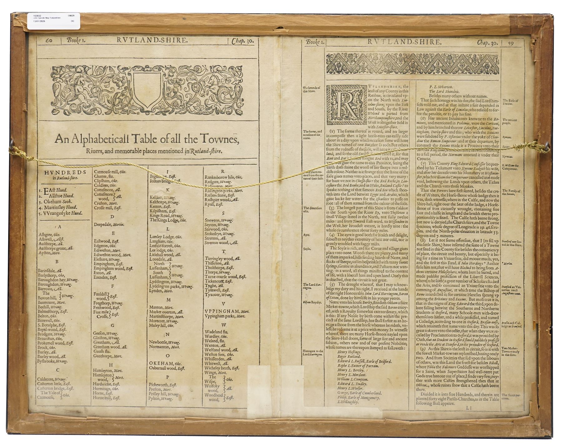 John Speed (British 1552-1629): 'Rutlandshire', 17th century engraved map with hand-colouring with inset plans of Oukham (Oakham) and Stanford and numerous armorials, English text verso pub. c.1627-1632, 40cm x 52cm