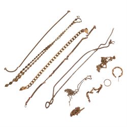 9ct gold jewellery and oddments, comprising chains, bracelets and single earrings