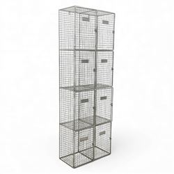 Mid-20th century industrial wire mesh locker, comprising eight compartments with hinged do...
