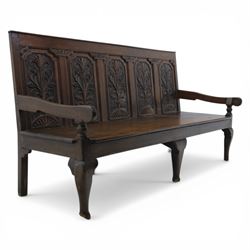 18th century oak hall bench or settle, five foliate carved back panels, dated 1760