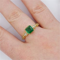 Gold single stone square cut emerald ring, with round brilliant cut diamond shoulders, stamped 14K, emerald approx 1.10 carat, total diamond weight approx 0.15 carat