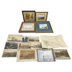 Four miniature local watercolours, comprising: Lealholm Bridge, Whitby from Upgang, Moors above Howarth, and Moorland Cross; together with a collection of principally 19th century unframed Whitby prints and photographs (qty)