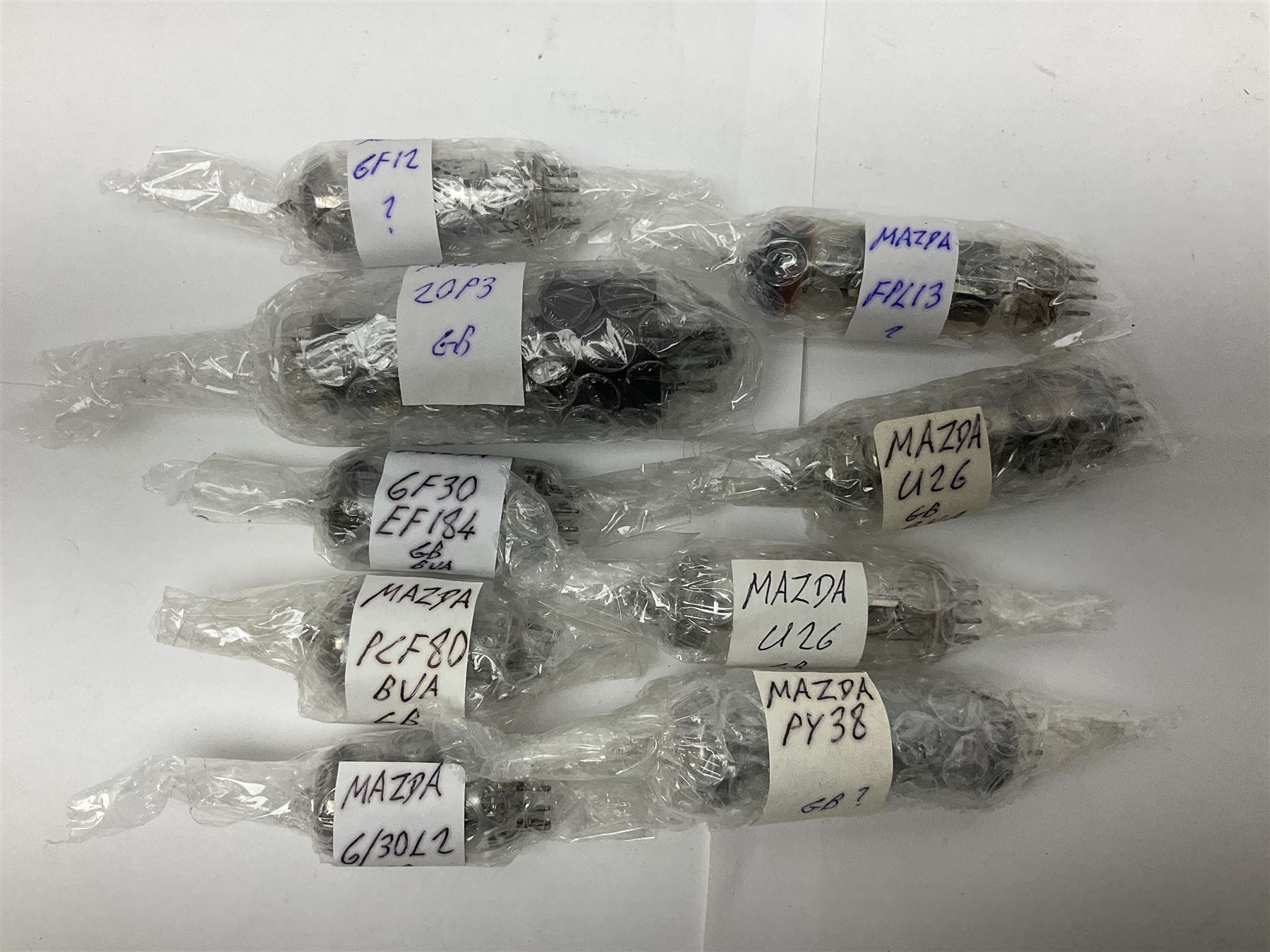 Collection of Mazda thermionic radio valves/vacuum tubes, including EH90, U26, PCF84, U26 approximately 55