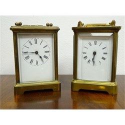  Waterbury Clock Co. brass carriage clock, twin train repeat movement striking on the hour and half hour on a bell, patented Jan 13th 1891, H14cm, a French brass carriage timepiece, H15cm (2)  