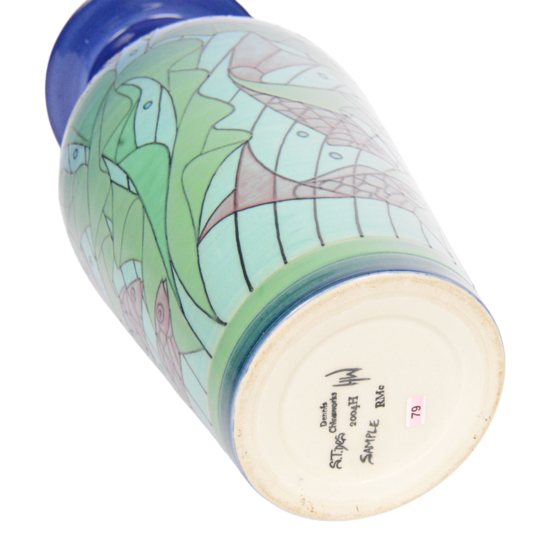 Dennis Chinaworks, Seaweed, sample vase, dated 2004, baluster form with flared rim, decorated with lilies with seaweed and fish upon a blue green ground, painted and stamped marks beneath, H35cm 