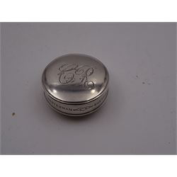 Early 20th century silver tape measure, of circular form, engraved with monogram, inscribed Chesterman Sheffield England to edge, hallmarked James Chesterman & Co, Sheffield 1912 together with a 1930s silver cheroot holder case, hallmarked Joseph Gloster Ltd, Birmingham 1938 containing a cheroot holder with hallmarked 9ct gold collar 