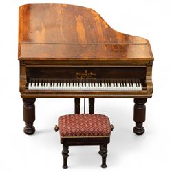 Steinway & Son, New York & Hamburg- Model B, overstrung Drawing Room Grand Piano in a rosewood case, Serial No 87297 (1896/7), with 85 ivory covered and ebony keys A0-A7(7 octaves) with an adjustable fretted music desk, brass fittings and pedals, Steinway “Fireplug” straight columnar and fluted legs with roller castors and conforming lyre, duplex stringing with agraffs, bass strings copper wound with a steel core, steel tuning pins, original Steinway action, hammers, keys, felts, and dampers, with una-corda, sostenuto and sustain pedals, Overstrung iron frame detailing numerous Steinway patents, awards, and features. Tuned to Concert pitch (A=440). 
With an adjustable single stool. 

This item has been registered for sale under Section 10 of the APHA Ivory Act HLB1KY67