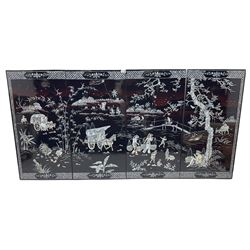 Four Chinese lacquered and mother of pearl inlaid wall panels, depicting horse and ox drawn carts, and figures at work within a landscape detailed with cockerels, bamboo and other trees, each panel H97.5cm W49.5cm