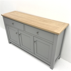 Next Malvern grey and oak finish sideboard, two drawers above three cupboards, stile supports, W138cm, H81cm, D41cm