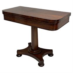 Early Victorian rosewood card table, rectangular swivel and fold-over top with rounded corners, baize lined interior, tapered octagonal column on concaved rectangular platform, on four turned feet 