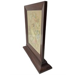 Victorian mahogany fire screen, the tapestry panel depicting peacock and flowers