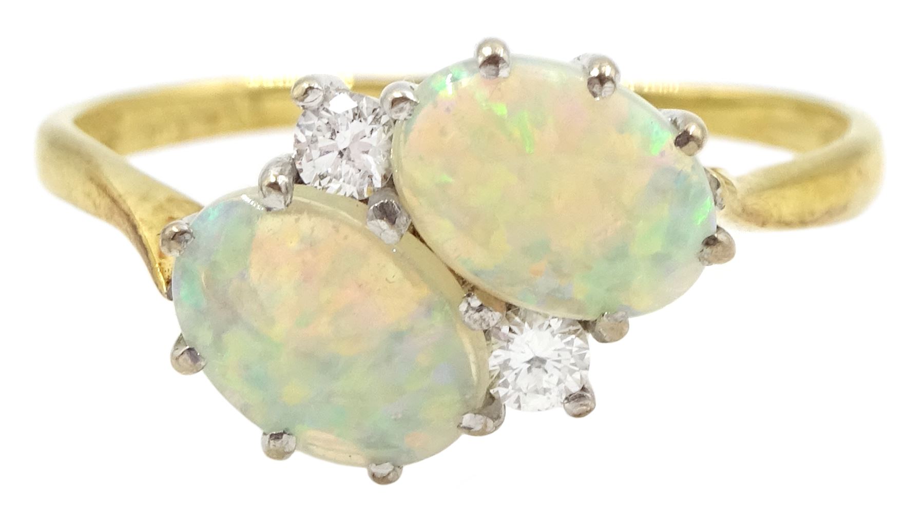 18ct gold two stone oval opal and two stone round brilliant cut diamond crossover ring, London 1981