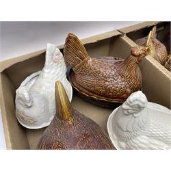 Eleven ceramic hen and ducks on nests, to include Beswick creamware example and several treacle glazed examples, in two boxes 