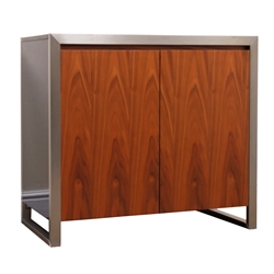  Dwell Furniture Nova walnut and black gloss cabinet,  two doors enclosing four adjustable shelves cabinet, brushed steel frame supports, W90cm, H80cm, D40cm  