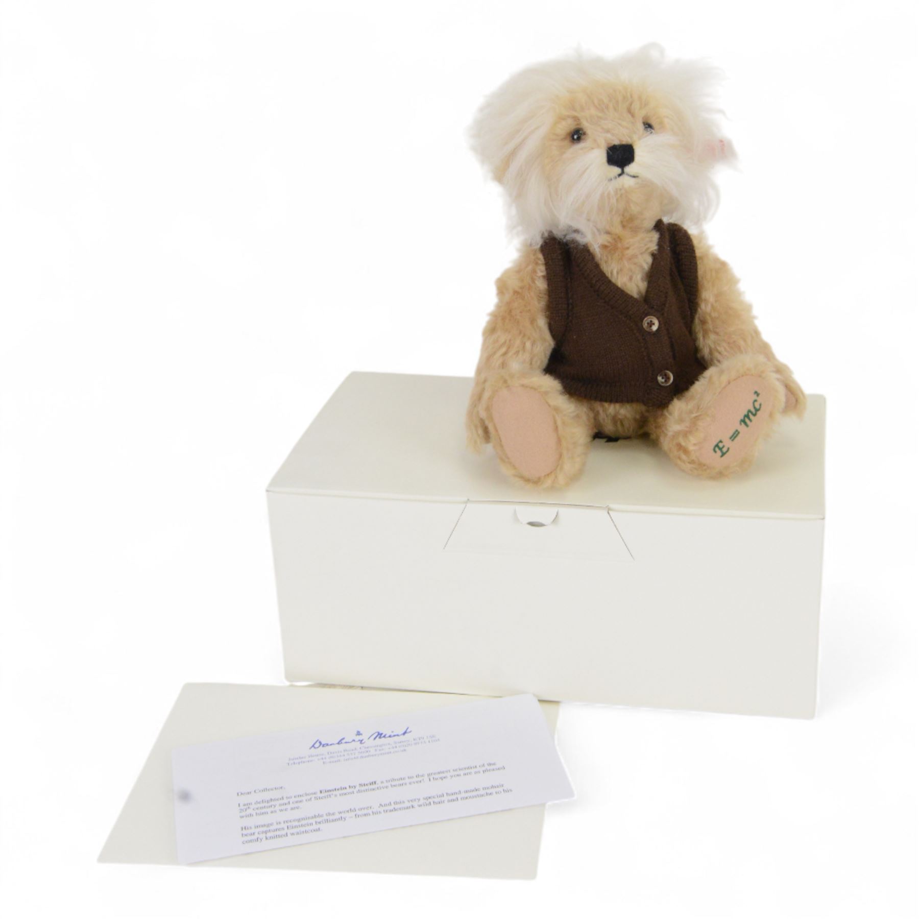 Limited edition Steiff Einstein bear, jointed blonde mohair bear with distinctive grey moustache and hair, dressed in a knitted brown waistcoat with swing tag and button in ear, limited to 1905 pieces, boxed with certificate of authenticity, bear H30cm