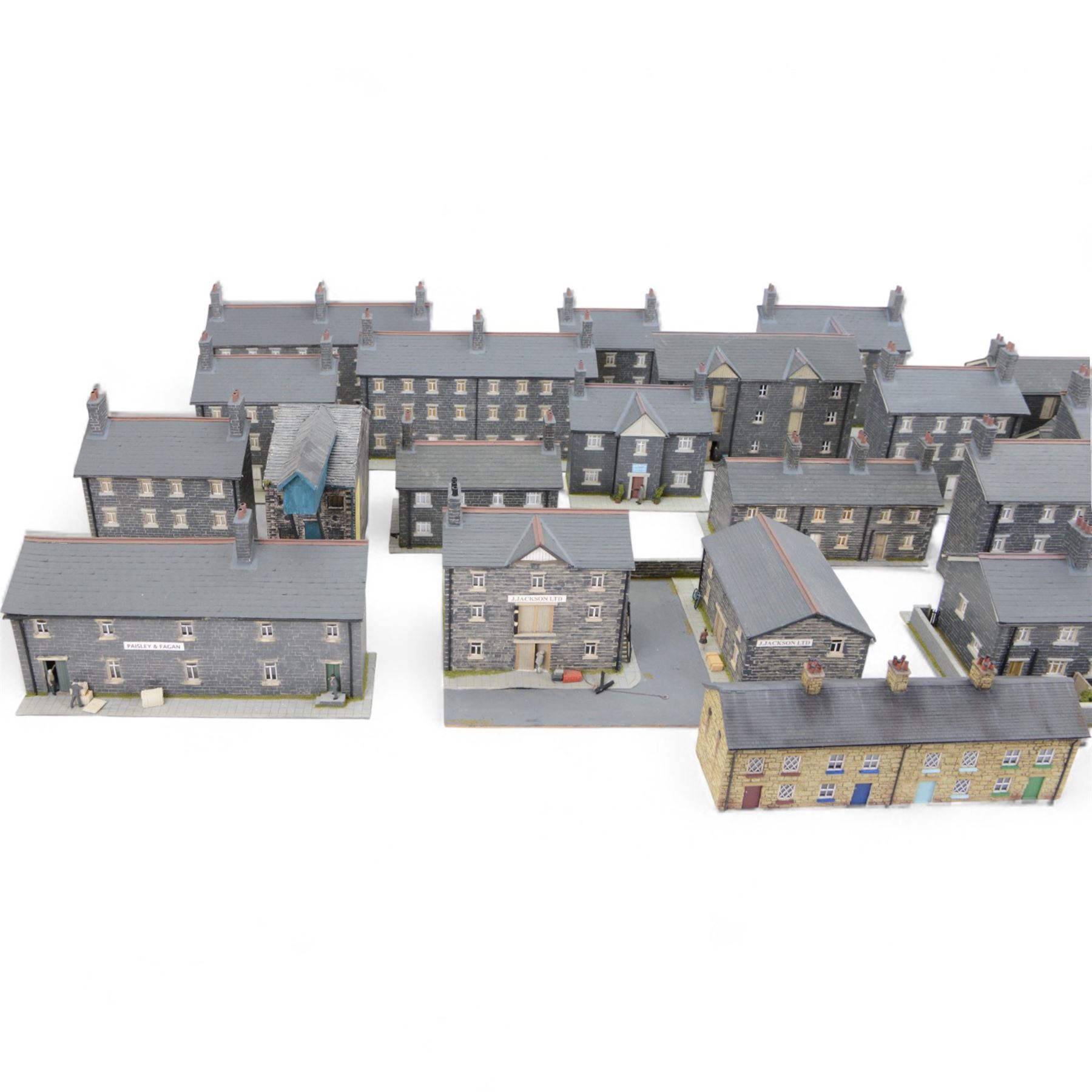 Thirty 00 gauge model railway trackside buildings, six by Martin's Models York including church and terraced houses and twenty-four kit-built examples all grey stone effect houses and farm buildings