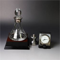 Silver mounted glass decanter, boxed with wooden plinth, together with a silver pepper gri...