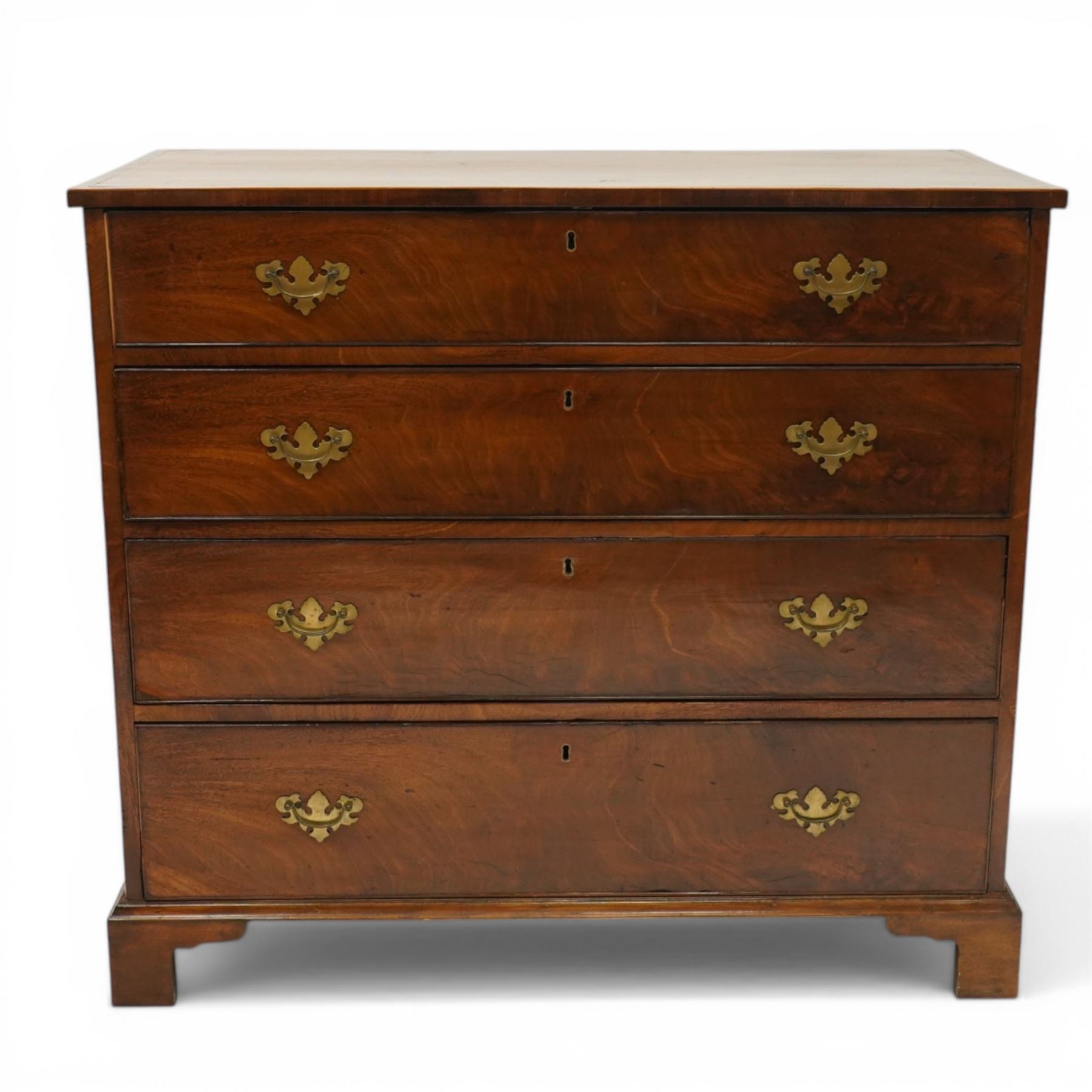 19th century mahogany straight-front chest, rectangular top with cross-banded edge, fitted with four long graduating cock-beaded drawers, lower moulded edge over bracket feet