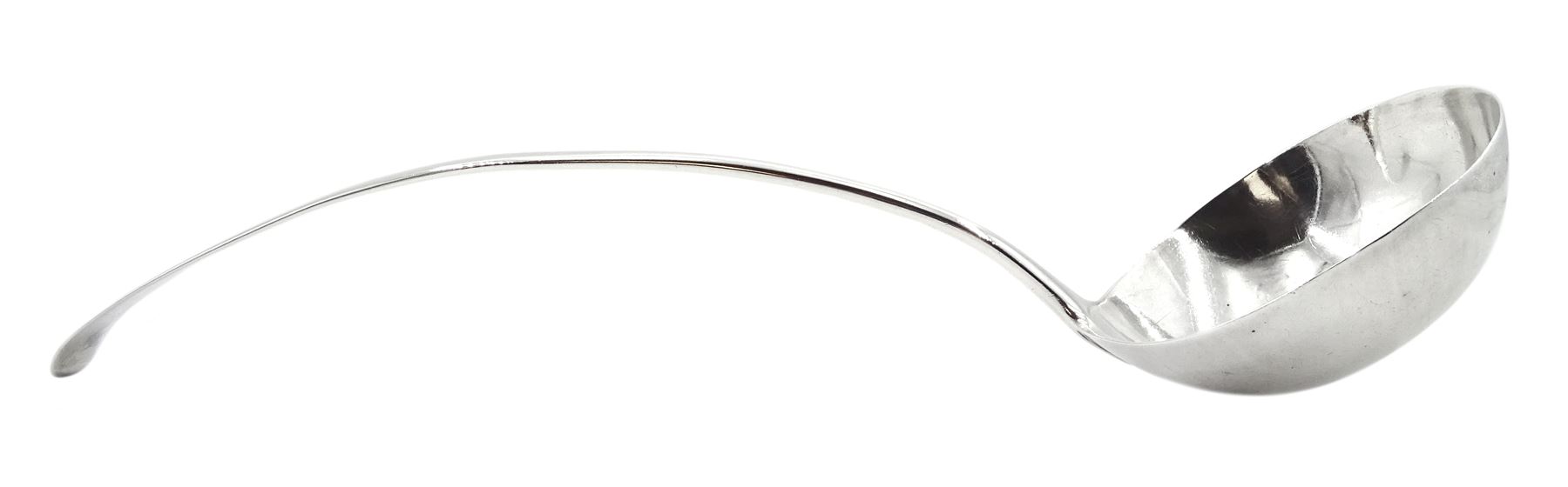 George III silver Old English pattern ladle, with engraved monogram to terminal, bottom struck, hallmarked John Lambe, London 1780, approximate silver weight 5.59 ozt (174 grams)