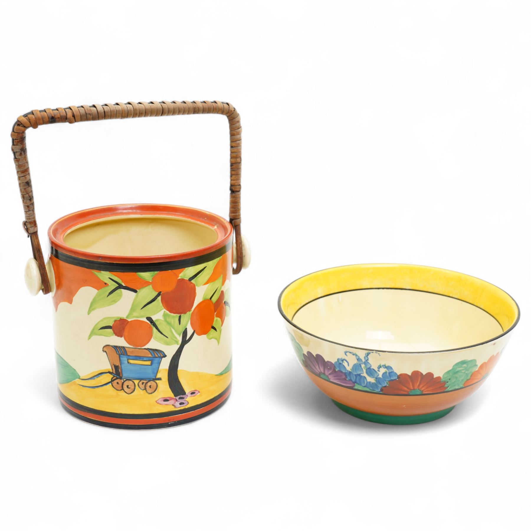 Clarice Cliff Bizarre 'Gayday' pattern bowl, D18cm; and rare 'Applique' pattern biscuit barrel, c1930, decorated with an orange tree and a caravan beside a river, H13cm, each with printed marks to base (2)