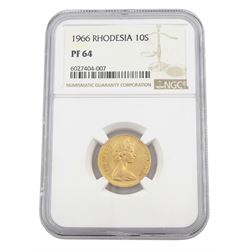 Queen Elizabeth II Rhodesia 1966 gold ten shillings coin, encapsulated and graded PF64 by NGC