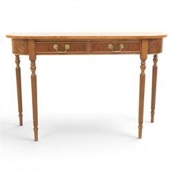 Traditional design walnut D-end hall table, figured top and sides, two frieze drawers with...