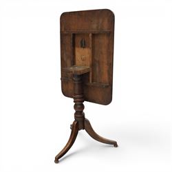 George III mahogany tripod table, rectangular tilt top, raised on a turned column, on splayed supports