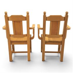 Contemporary solid oak dining table, and set of eight chairs, rectangular plank top with chamfered edges, raised on square supports