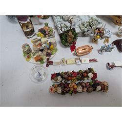 Dolls house conservatory and garden accessories, including sofa and chairs, trees, plants, paintings, Christmas decorations, etc 