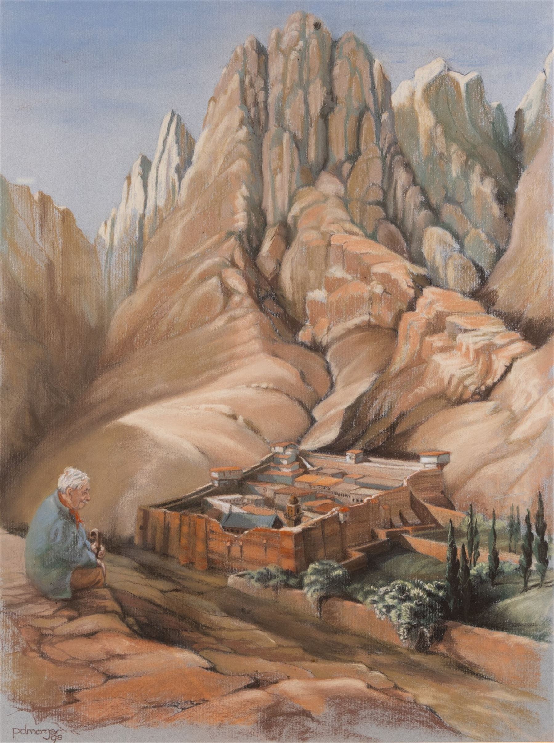 Penny Morgan (British 20th Century): 'Contemplation at Saint Catherine's Monastery under Mount Sinai', pastel signed and dated '98, titled verso 69cm x 52cm 