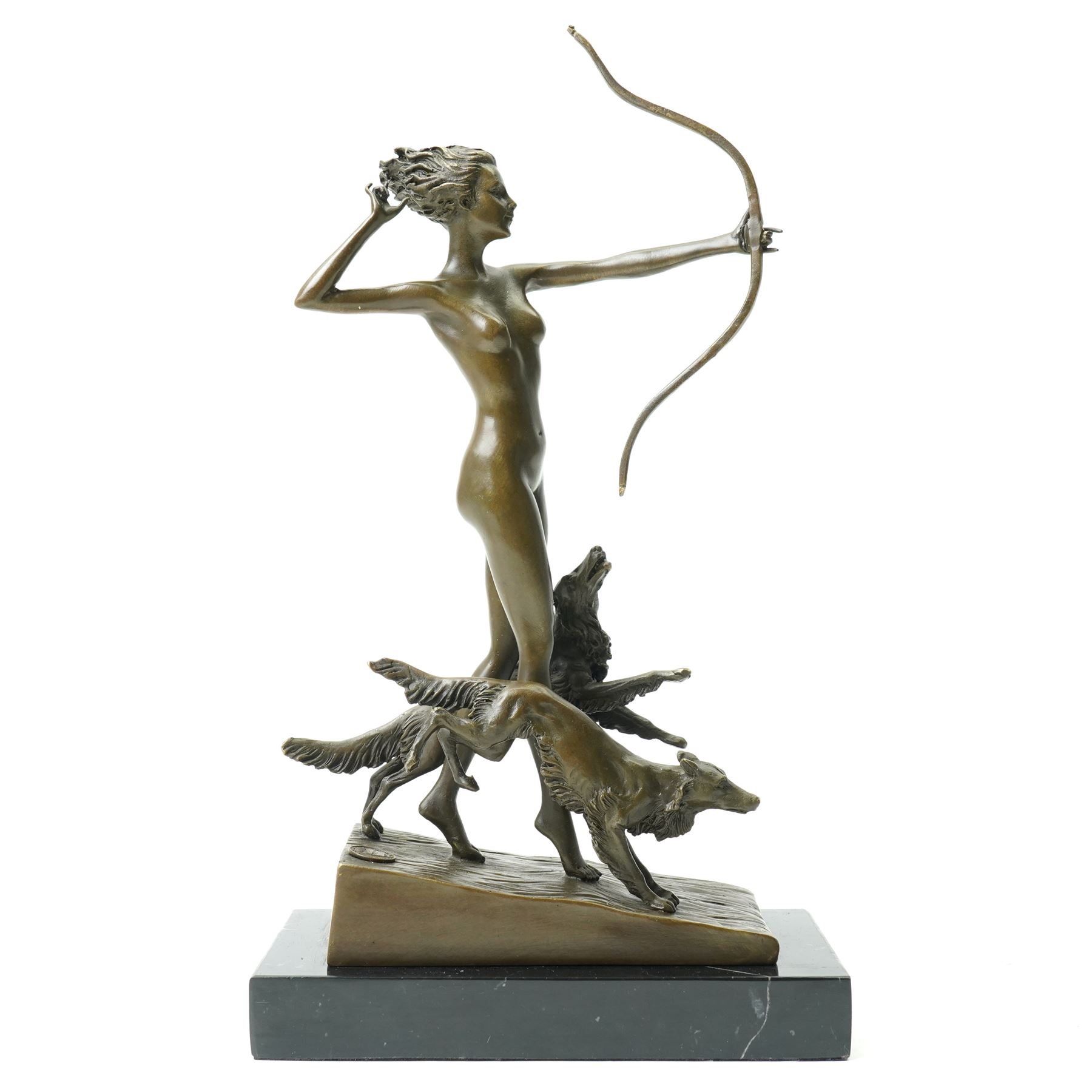 Art Deco style bronze, after Josef Lorenzl, modelled as a nude female figure holding a bow, with two dogs,  raised upon a rectangular base, H33cm