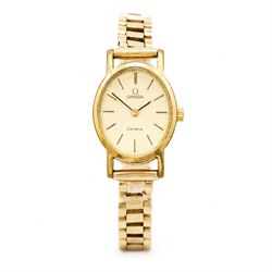 Omega ladies gold-plated manual wind wristwatch, gilt dial with baton hour markers, on 9ct...