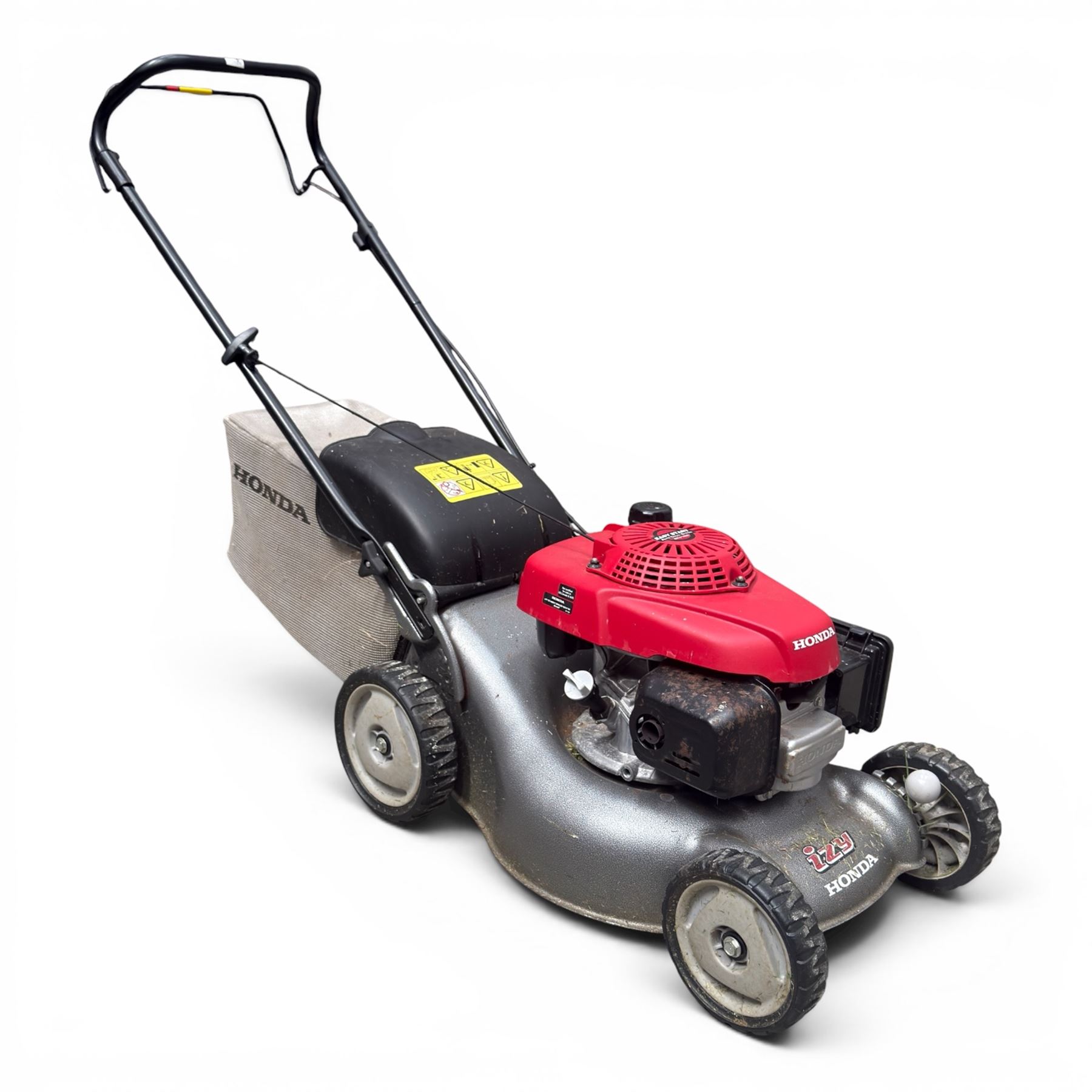 Honda -  GCV160 petrol lawnmower, Izy model, with rear grass collector, grey deck and red engine cover.