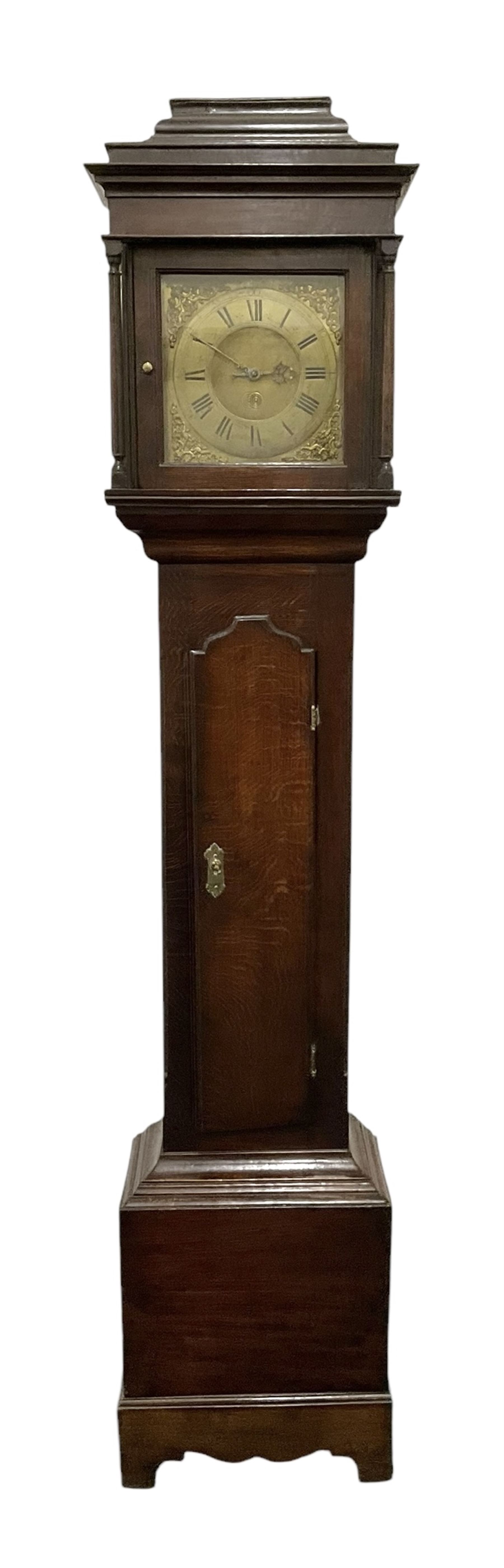 Benjamin Rodgers of Chesterfield- Fine provincial early18th-century 30-hour oak longcase clock       
 c1720, with a stepped caddy top and square hood door beneath, with detached pilasters with wooden capitals, case with reeded corners and a ogee toped long trunk door, with a square pediment and decorative applied skirting, brass dial with restoration spandrels, matted centre, original steel hands and chapter with Roman numerals, quarter hour and minute tracks, dial pinned to a countwheel striking movement, striking the hours on a bell.
 With weight and pendulum.  