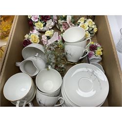 Royal Doulton Greenbrier pattern tea wares, together with a collection of porcelain flowers, Murano style coloured glass bowls, other ceramics and glassware, in four boxes 