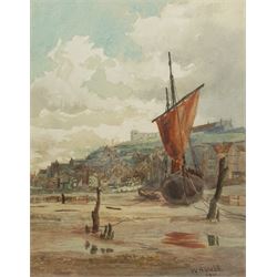 William R Webb (British 1858-1928): 'Low Tide Whitby', watercolour signed and dated 1901, titled verso on exhibition label 28cm x 22cm 
Notes: Webb was a lace designer in Nottingham. After serving his apprenticeship with the lace designer Mr Elsey, he was employed by John Bromley and Sons of Philadelphia, USA from 1892 to 1895. On his return to England he established his own business as a lace designer in Nottingham, working first in Bridlesmith Gate and then at 11 Heathcoat Street. He was closely associated with the Castle Gate Congregational Church where he served as a deacon and was secretary of the Sunday School. He was also a watercolour artist and some of his paintings were exhibited in Nottingham and Derby.